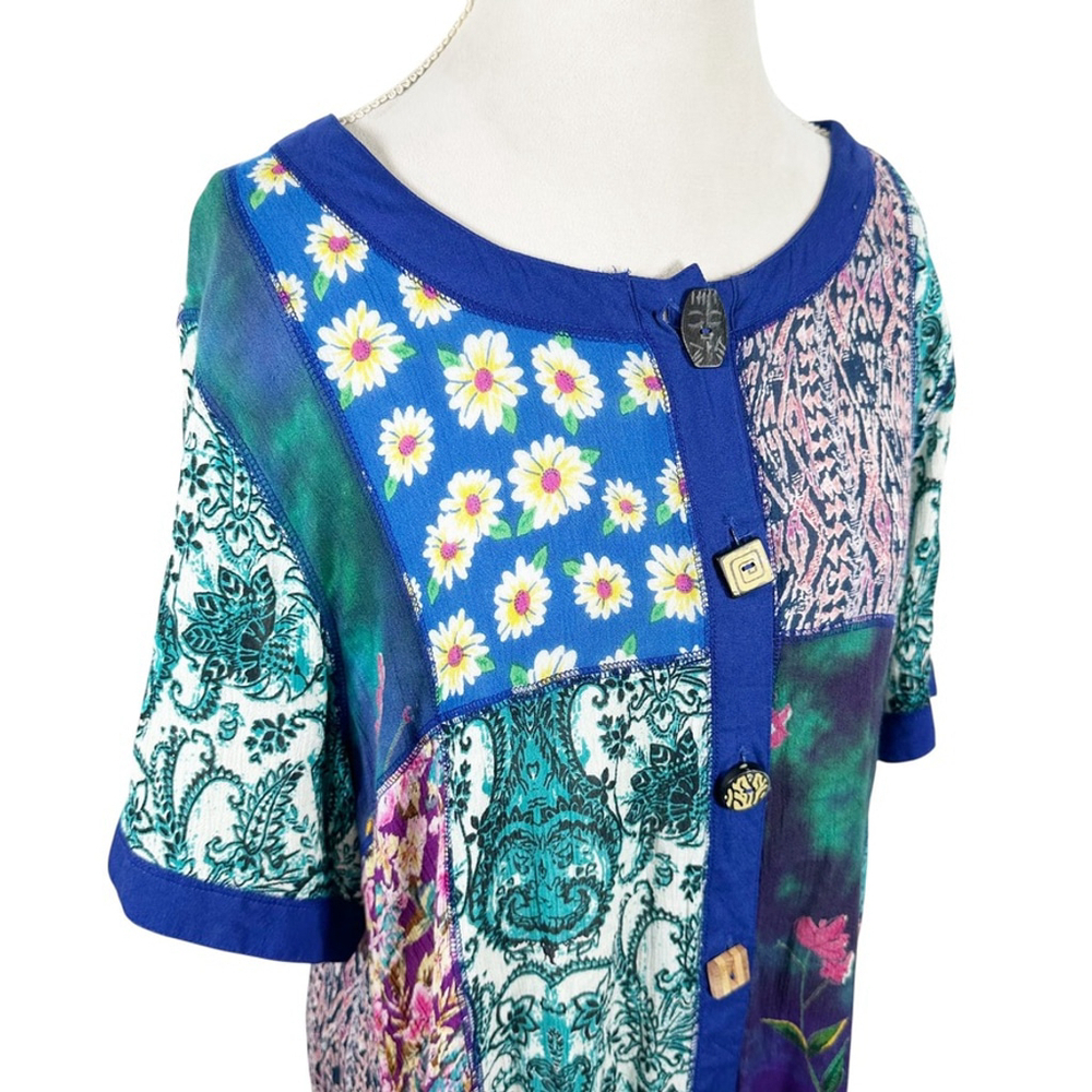 La Cera Button Dress Patchwork Boho Ethnic Midi Pockets Cottage Whimsy Size XL - Picture 7 of 10